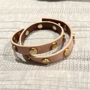 Tory Burch Leather Double Wrap Gold Logo Stud Bracelet